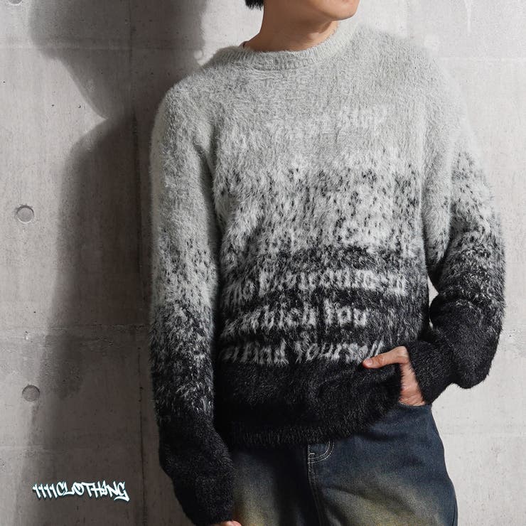 ONE 4 PREMIUM シャギーニット メンズ セーター クルーネック ニット レディース オーバーサイズ プルオーバー ジャガード ロゴ 柄 グラデーショ...