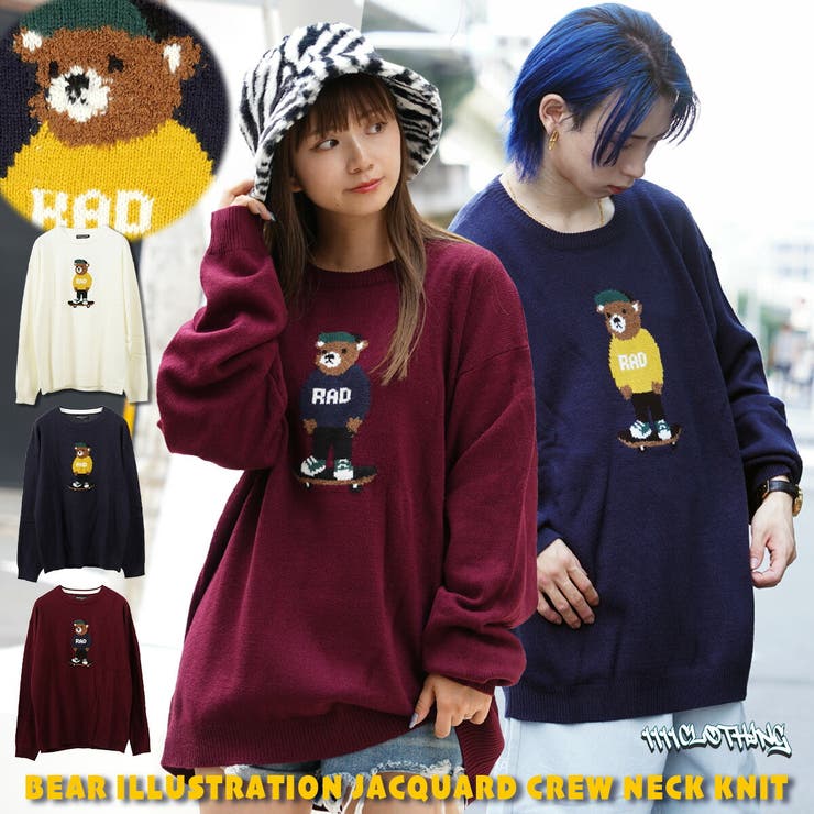 ONE 4 PREMIUM オーバーサイズ ジャガード ニット メンズ クルーネック セーター レディース アクリル100% ビッグニット 長袖 クマ ベア 熊...