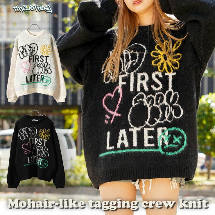 ONE 4 PREMIUM ◆モヘアライク タギング クルーニット◆ オーバーサイズ クルーネック ニット メンズ モヘア セーター レディース ビッグニット ...