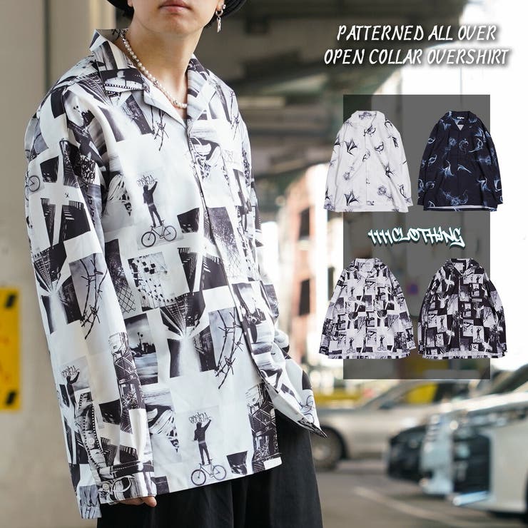 ONE 4 PREMIUM ◆総柄 オープンカラー オーバーシャツ◆ オーバーサイズ シャツ メンズ オープンカラーシャツ レディース 長袖シャツ ビッグシルエ...