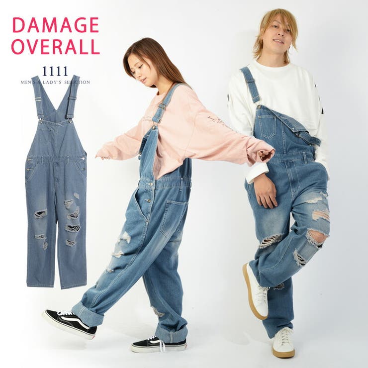 【10%OFFクーポン!11/27(木)1:59まで】ONE 4 PREMIUM オーバーオール デニム ダメージ サロペット メンズ レディース つなぎ ペア...