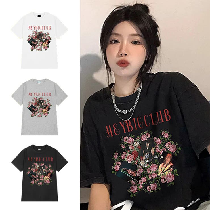 Print - Decorative Tシャツ ヴィンテージ プリント ビッグシルエットT ロゴ ローズ 薔薇 半袖T ダンス 衣装 ヒップホップ コスチューム 韓国ファッション 大きいサイズ Tシャツ トップス トップス