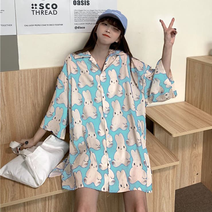 【10％OFFクーポン！3/26(木)1:59まで】Decorative 柄シャツ ウサギ柄 ラビット おすわり うさちゃん 動物 アニマル ビッグシルエット かわいい 半袖 シャツ ダンス 衣装 ヒップホップ コスチューム 韓国ファッション 大きいサイ