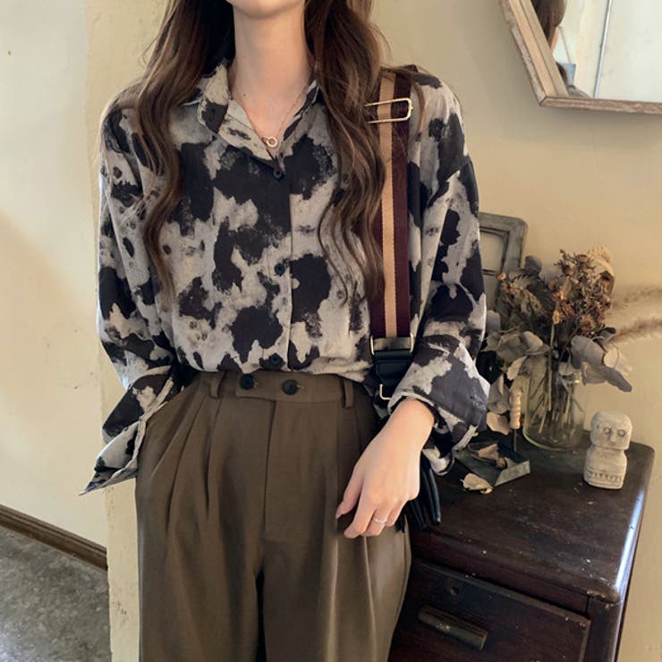 Decorative 柄シャツ ダークパターン グレー 長袖 ワンポイント 総柄 春服 秋服 シャツ ダンス 衣装 ヒップホップ コスチューム 韓国ファッション 大きいサイズ 個性的 服 トップス