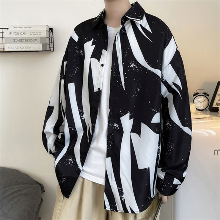 Decorative 柄シャツ ブラック×ホワイト モノトーン 幾何柄 アート 長袖 ダンス 衣装 ヒップホップ コスチューム 韓国ファッション 大きいサイズ 個性的 服 シャツ トップス