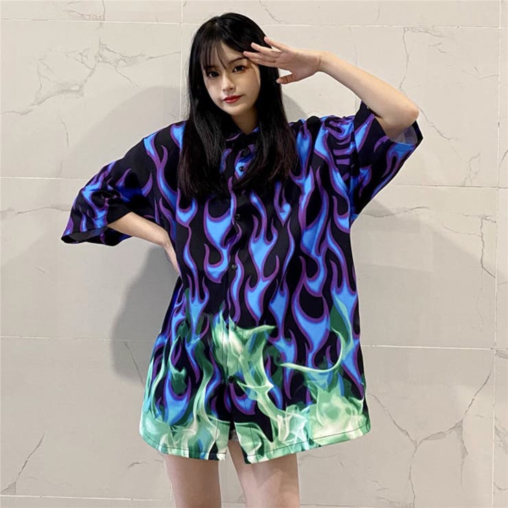【10％OFFクーポン！8/11(火)1:59まで】Decorative 柄シャツ 炎柄 ファイヤー柄 ビッグシルエット 燃える 半袖 シャツ 黒 ダンス 衣装 ヒップホップ コスチューム 韓国ファッション 大きいサイズ 個性的 春服 夏服 秋服 トップの商品画像 2
