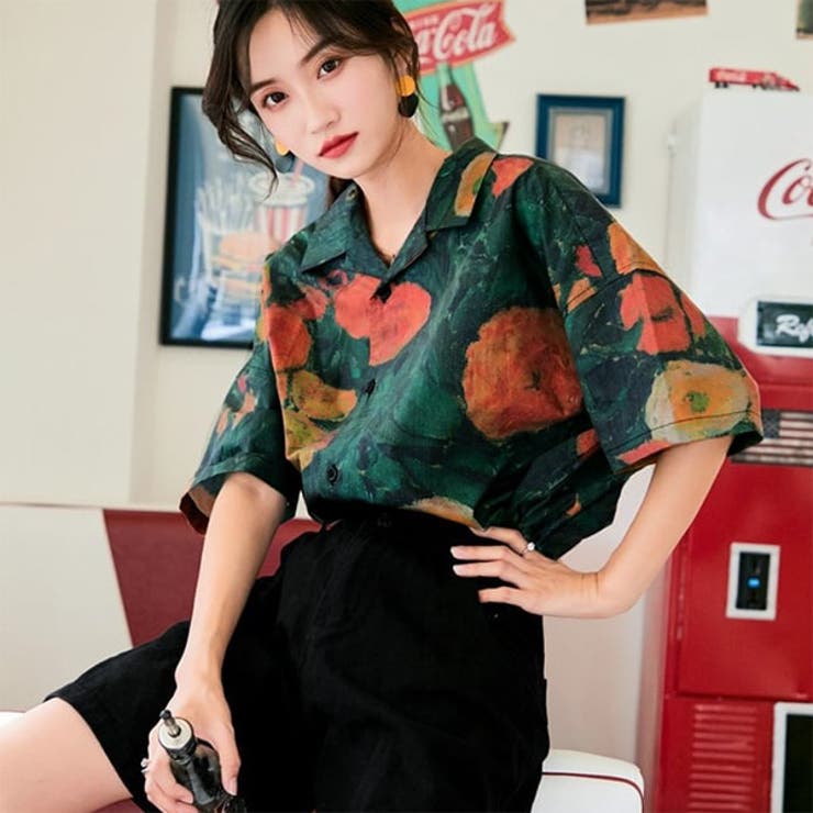 Decorative 柄シャツ ボタニカル柄 オープンカラーシャツ レトロ 絵画風 半袖 グリーン オーバーサイズ ダンス 衣装 韓国ファッション 大きいサイズ 個性的 夏 開襟 シャツ トップス