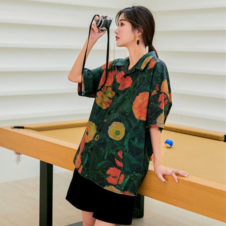 Decorative 柄シャツ ボタニカル柄 オープンカラーシャツ レトロ 絵画風 半袖 グリーン オーバーサイズ ダンス 衣装 韓国ファッション 大きいサイズ 個性的 夏 開襟 シャツ トップス