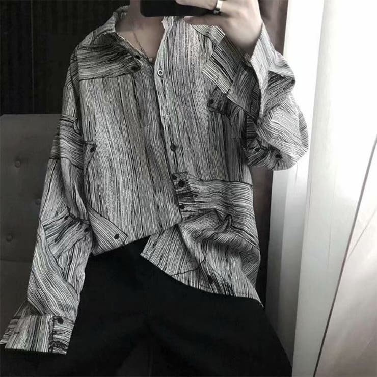 Other - Decorative 柄シャツ モノクロアート 木目調 長袖シャツ 黒 総柄 ビッグシルエット ダンス 衣装 ヒップホップ 韓国ファッション 大きいサイズ 個性的 服 シャツ トップス