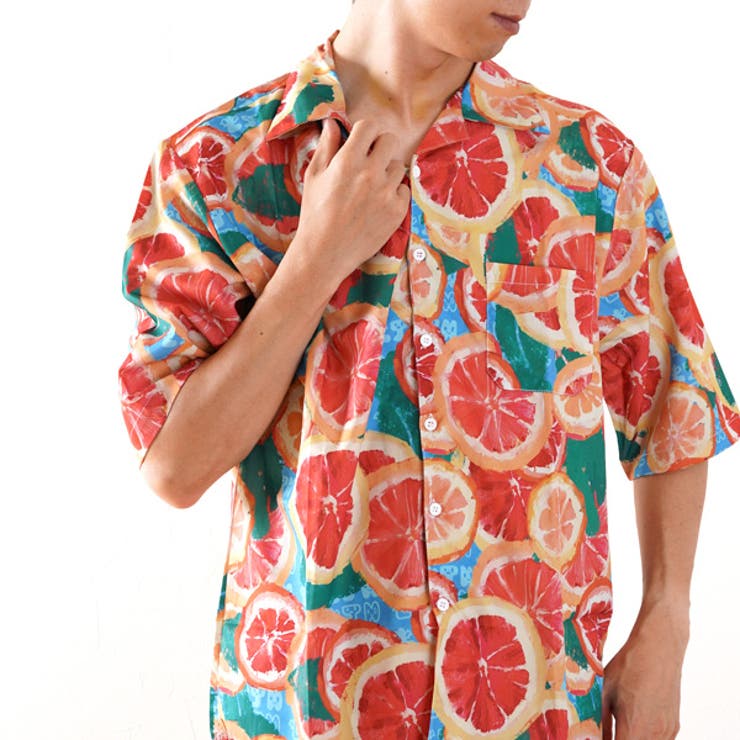 Decorative 柄シャツ グレープフルーツ柄 シトラス柄 オレンジ柄 オープンカラー 半袖シャツ 開襟 ダン..