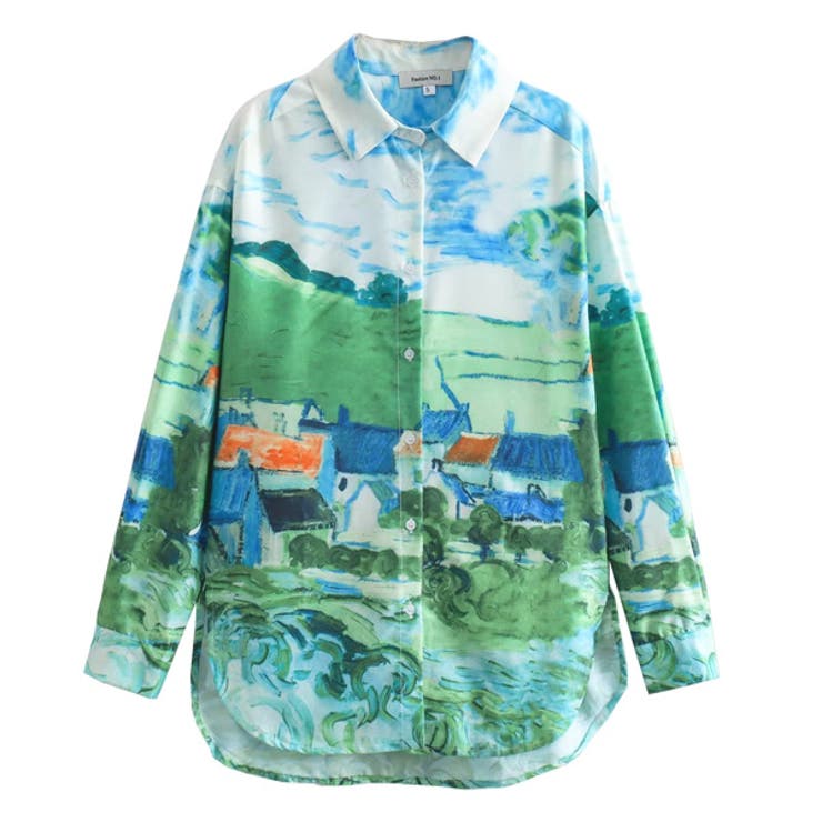 キャンバスの絵をそのまま持ってきたようなカントリーアートシャツ。深めのサイドスリットが施された前後長さ違いのラウンドヘム。ラフに着るだけでアーティなニュアンス感の出る一枚です。柔らかくさらりとした風合いのポリエステル生地を使用しています。※...