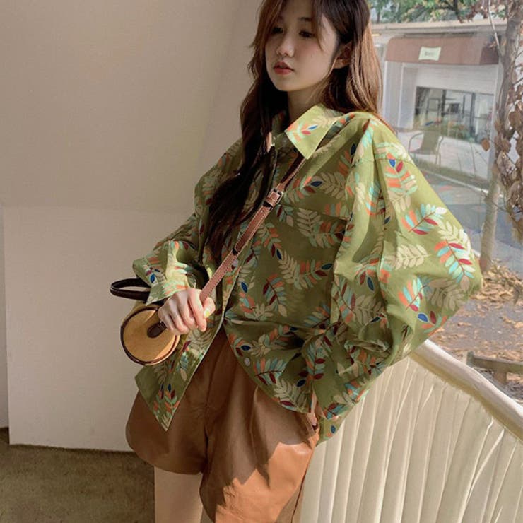 Decorative 柄シャツ ボタニカル柄 リーフ柄 レトロ グリーン 葉っぱ 長袖シャツ オーバーサイズ ダンス 衣装 韓国ファッション 大きいサイズ 個性的 春服 秋服 シャツ ブラウス トップス
