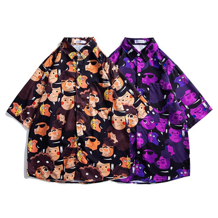 【10％OFFクーポン！11/27(木)1:59まで】Decorative 柄シャツ 半袖 シャツ 総柄 プリント 顔 フェイス ..