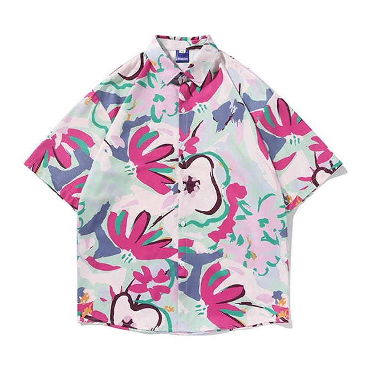 Decorative 柄シャツ 花 フラワー 絵 絵画風 ポスター風 抽象柄 マルチカラー ピンク ブルー ブルーベ..