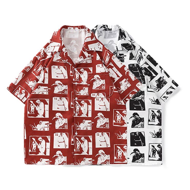 Decorative 柄シャツ ジャズ バンド ロック クラシック 楽器 サックス ギター ドラム 音楽 ホワイト レッド 白 赤 半袖 オープンカラー 衣装 韓国 大きいサイズ 個性的 夏服 トップス