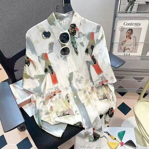 Decorative 柄シャツ ペールカラー オレンジ 街並み 工場 廃屋 ペイント ぼかし 半袖 半袖シャツ オーバーサイズ 衣装 コスチューム 韓国ファッション 大きいサイズ 個性的 夏服 トップス