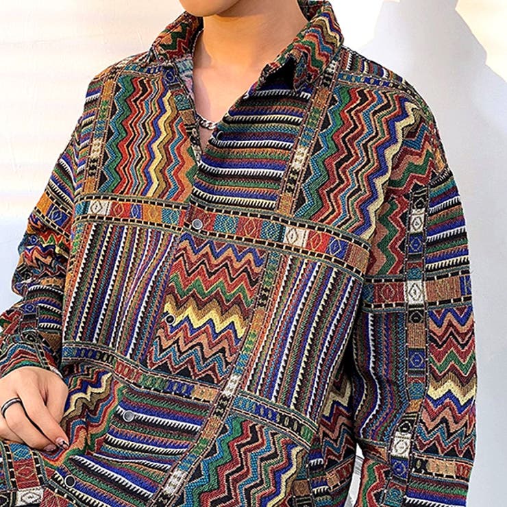 Decorative 柄シャツ ジャカード 幾何柄 ブロック ジオメトリック ネイティブ柄 アメリカン 部族 民族 カラフル マルチカラー 長袖 長袖シャツ ライトアウター オーバーサイズ 大きいサイズ 個性的 秋服 冬服 キャンプ アウトドア トップ shoplistselect-10135074 SHOPLIST サンプル画像2