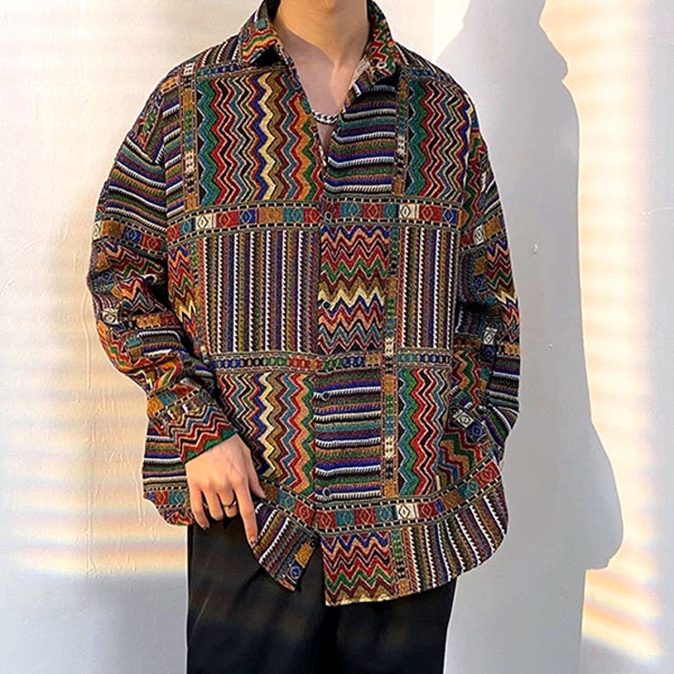 Decorative 柄シャツ ジャカード 幾何柄 ブロック ジオメトリック ネイティブ柄 アメリカン 部族 民族 カラフル マルチカラー 長袖 長袖シャツ ライトアウター オーバーサイズ 大きいサイズ 個性的 秋服 冬服 キャンプ アウトドア トップ shoplistselect-10135074 SHOPLIST サンプル画像3