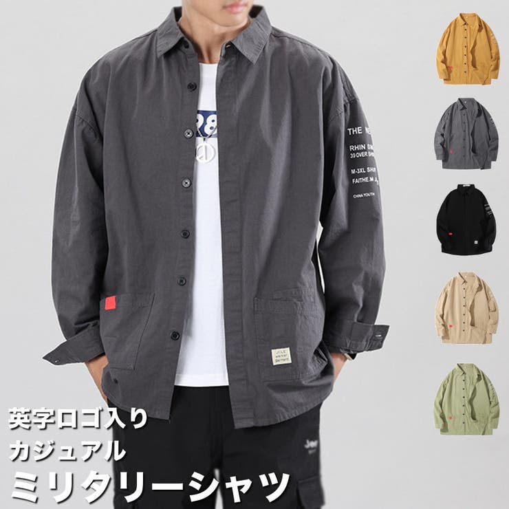 【10%OFFクーポン!11/27(木)1:59まで】RAiseNsE ロゴ入り ミリタリーシャツ メンズ 長袖 プリント 無地 ボタンシャツ シャツジャケット...