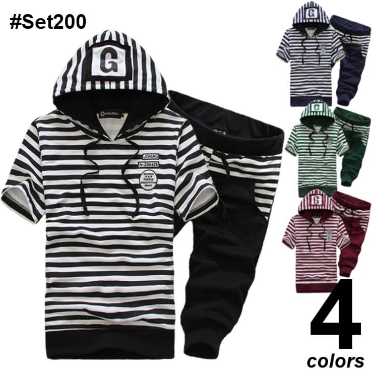 【10%OFFクーポン!11/27(木)1:59まで】RAiseNsE フード&ワッペン付 ボーダー柄 半袖 七分丈 スウェット セットアップ メンズ 海 [4...