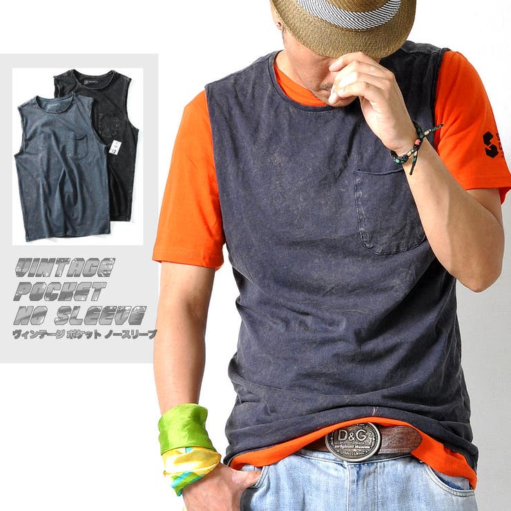 RAiseNsE ノースリーブシャツ タンクトップ ビンテージ風 Tシャツ 胸ポケット 無地 メンズ トップス [2色]#T105 トップス