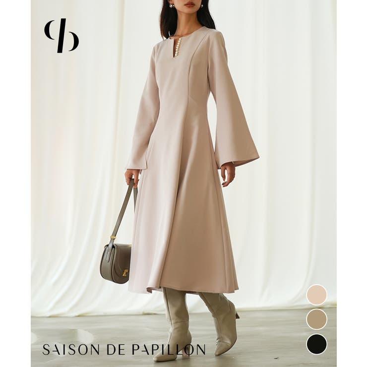 SAISON DE PAPILLON パール付きキーネックフレアワンピース ワンピース・ドレス