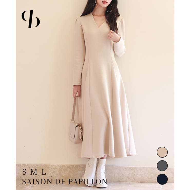 SAISON DE PAPILLON ポンチ素材Vネックゴアードワンピース ワンピース・ドレス