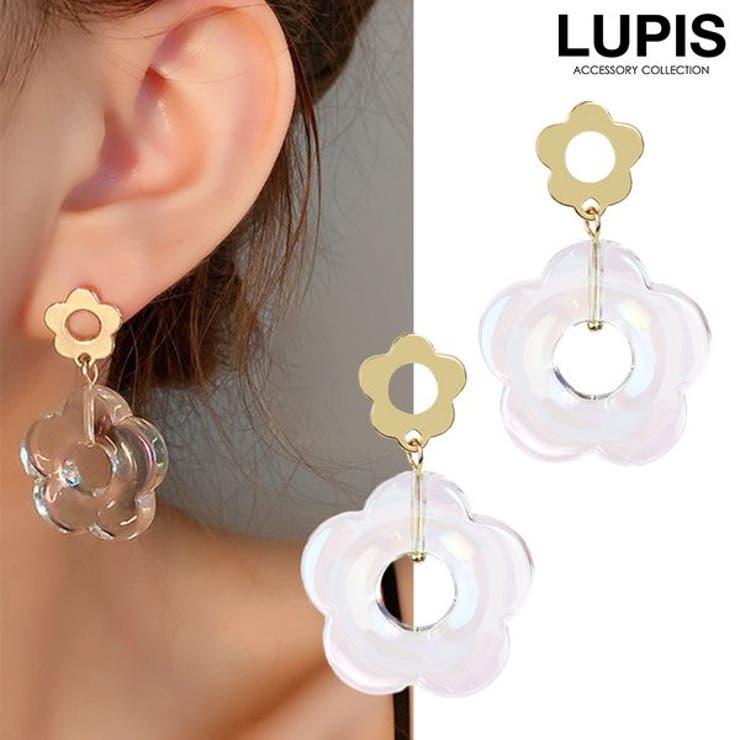 LUPIS オーロラ×メタルフラワーピアス　【シルバー925ポスト S925ポスト アクリル ピアス 大ぶり 大きめ かわいい 揺れる オーロラ 虹色 フラワー 花 ゴールド メタル クリア 透明 レディース 激安 安い プチプラ 春 夏 秋 冬 春夏