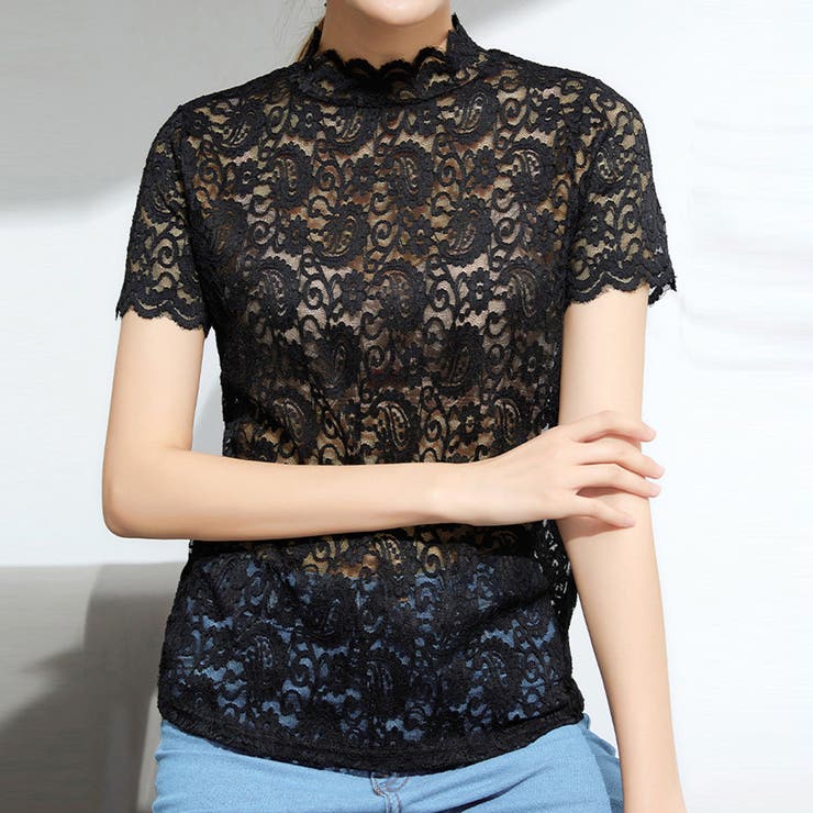 【10％OFFクーポン！6/11(木)1:59まで】SUNSHINE CLOSET ハイネック 総レース花柄トップス 韓国風 トップス