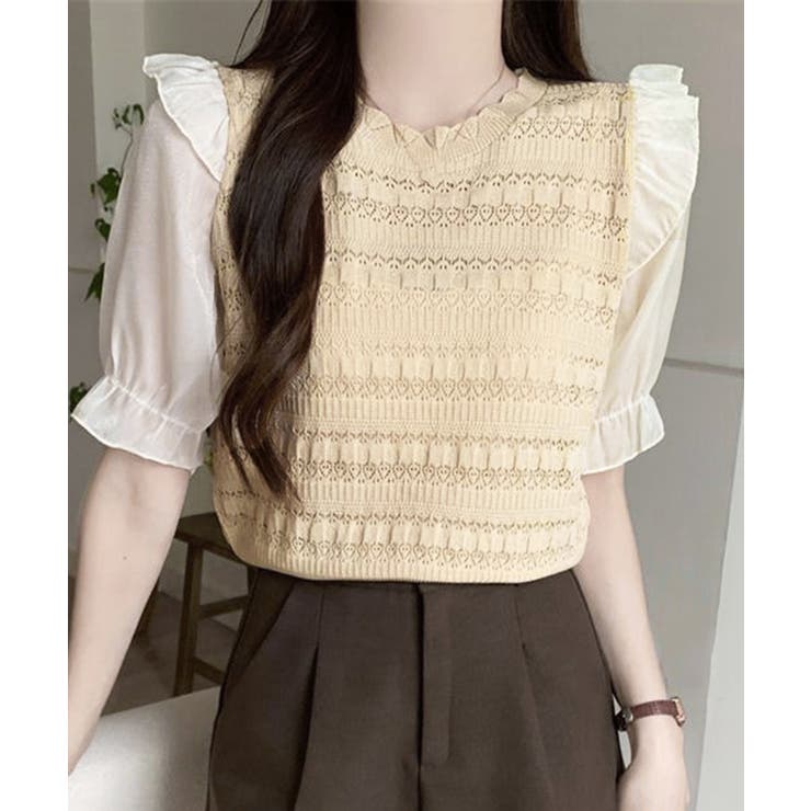 【10％OFFクーポン！11/27(木)1:59まで】SUNSHINE CLOSET サマーニット 異素材切替 シャツブラウス トップス