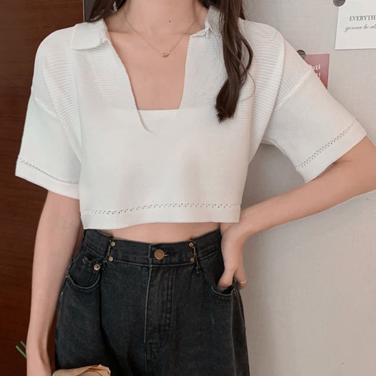 V-Neck - 【10％OFFクーポン！5/16(土)1:59まで】SUNSHINE CLOSET サマーニット へそ出し 半袖 襟付き トップス