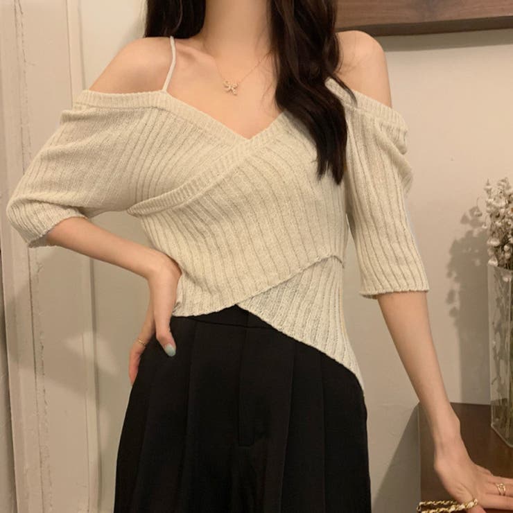 V-Neck - 【10％OFFクーポン！5/16(土)1:59まで】SUNSHINE CLOSET サマーニットオフショルダーニットトップス トップス