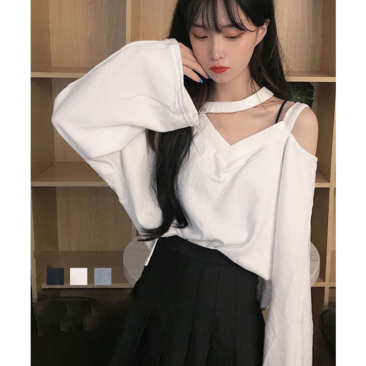 肩出しトップス Vネック Tシャツ 大人可愛い スウェット オフショルダー カットソー 長袖 セクシー ワンショルダー トップス おしゃれ 韓国ファッション 細見え