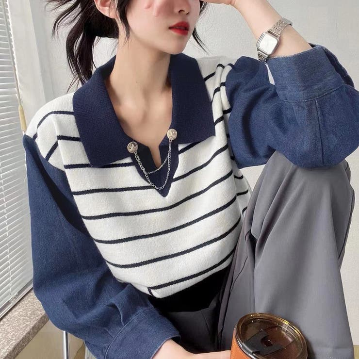 SUNSHINE CLOSET ポロカラーニットセーター ボーダー 秋冬 トップス