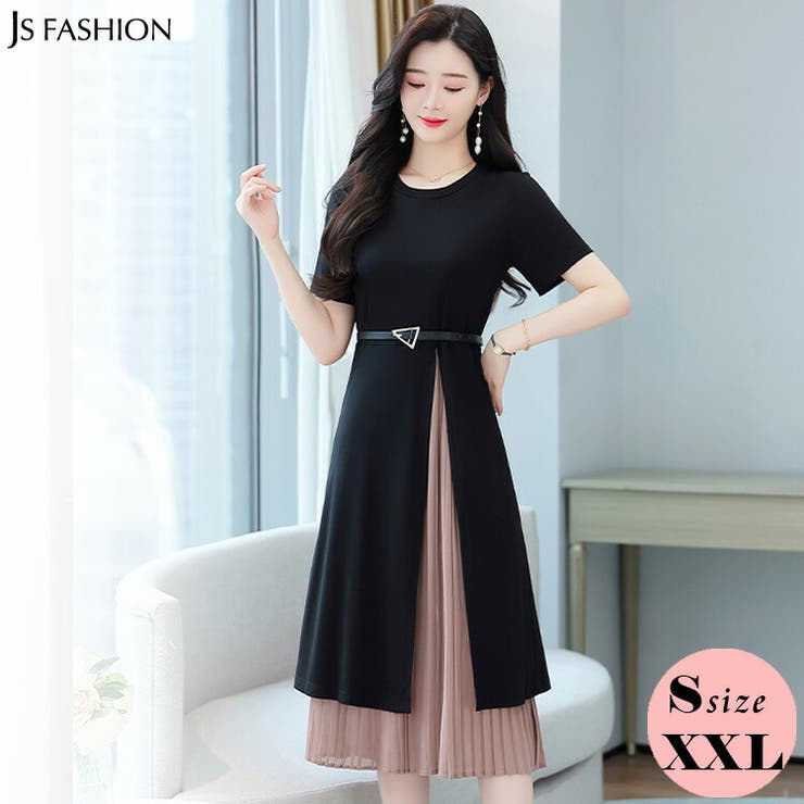 JS FASHION プリーツ ワンピース Aライン レイヤード風 プリーツワンピース ベルト付き バイカラー ロングワンピ 結婚式 半袖 膝下丈 ミモレ丈 きれいめ 体型カバー 上品 エレガント 30代 40代 50代 60代 オフィスカジュアル ド