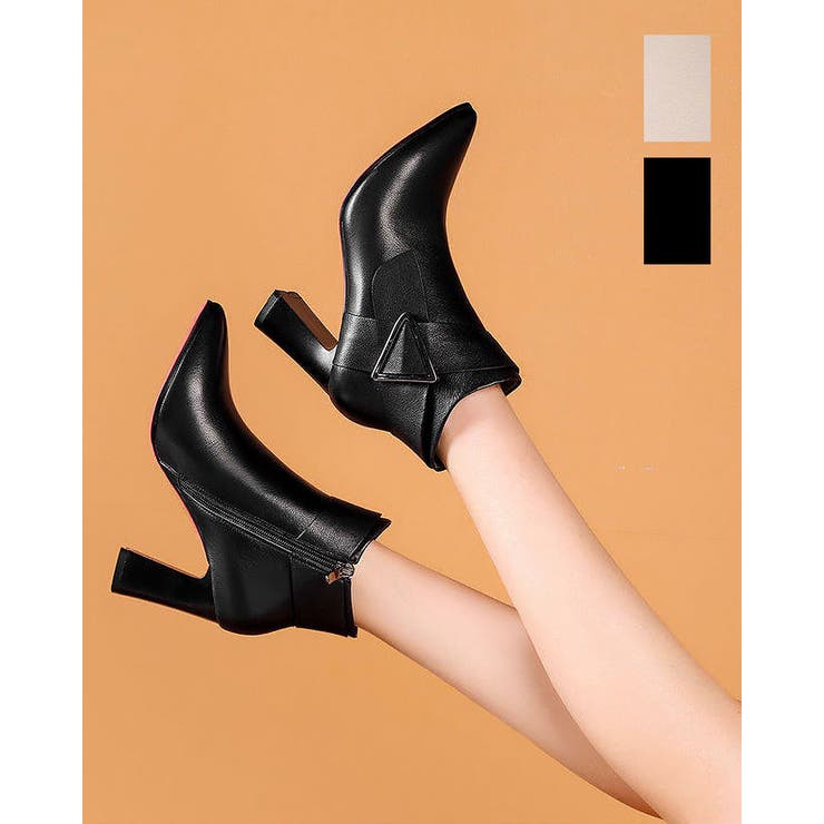 SUNSHINE CLOSET チャンキーヒール ブーティー 太ヒール ショートブーツ レディース ポインテッドトゥ ブーツ サイドファスナー 無地 シンプル 上品 春 春服 オフィスカジュアル 韓国ファッション 韓国 シューズ・靴