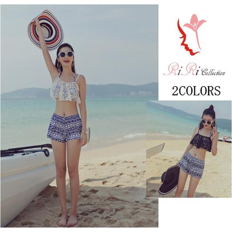 RiRicollection 水着 4点セット MIZUGI ビキニ レース mizugi-f017 レディス水着 上品 高級 オシャレ オフショルダー幾何柄 ビスチェバンドゥ フリル 海外旅行 新婚旅行 タンキニ 大きいサイズ エスニック S-XL