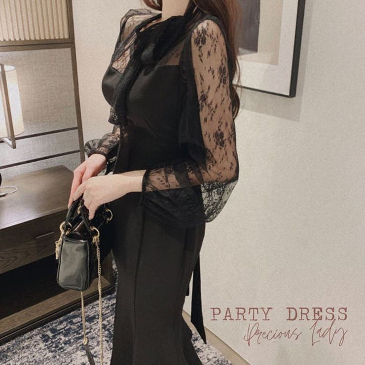 【10％OFFクーポン！本日実施中】パーティードレス通販 Precious Lady パーティードレス 結婚式 ドレス ワンピース 母親 親族 フォーマルドレス ブラック オフホワイト ピンク シースルー ミモレ丈 タイト 長袖 リボン