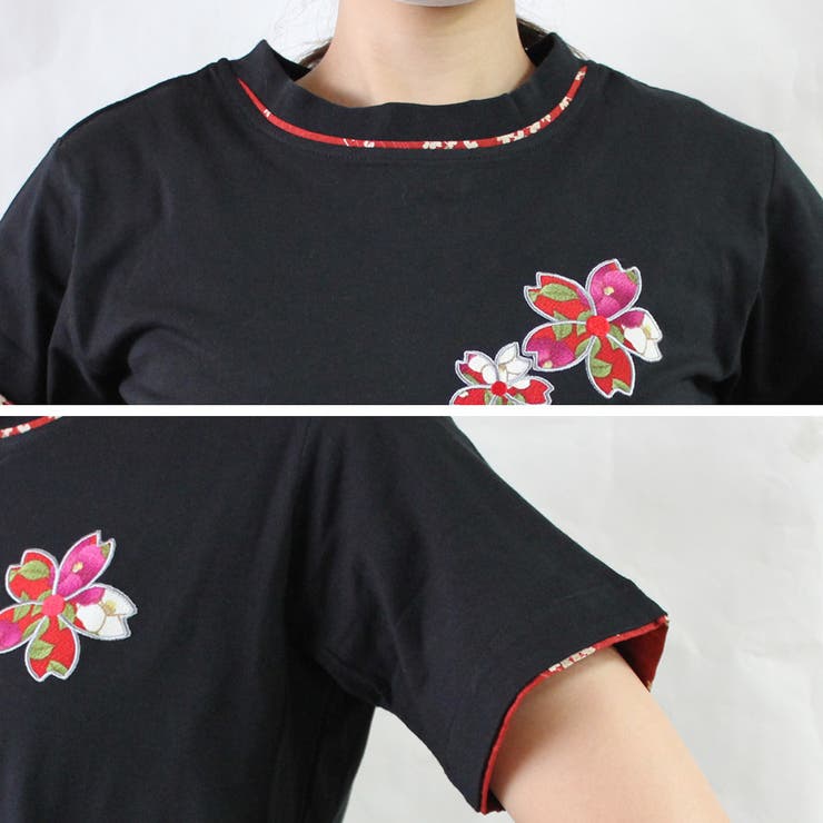 京のおしゃれ屋 レディース 刺繍 ちりめん 和柄 Tシャツ 白 黒 トップス