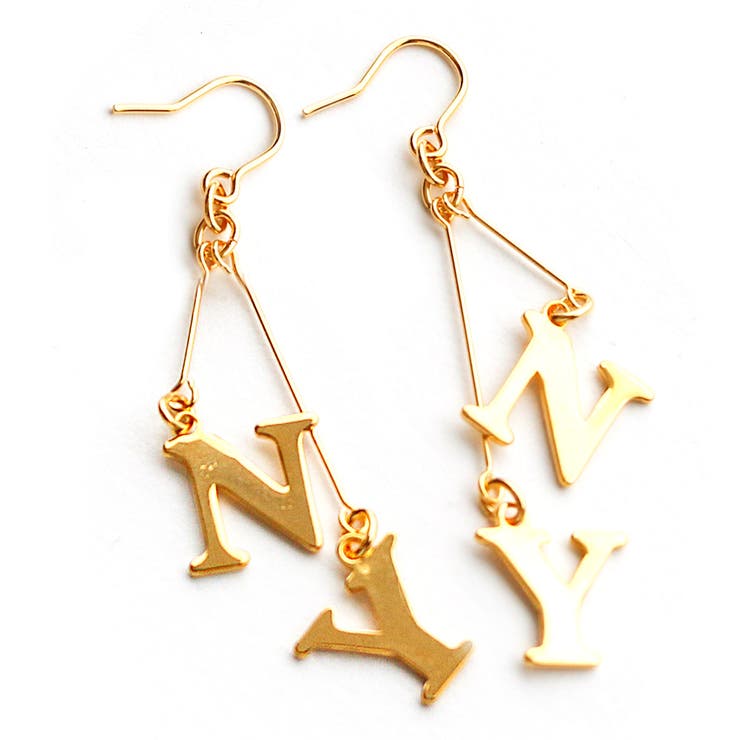 Melody Accessory イヤリング ピアス ノンホールピアス NY メタル フック 樹脂 カジュアル 大ぶり ダンス ロゴ ニューヨーク ゴールド ジ...