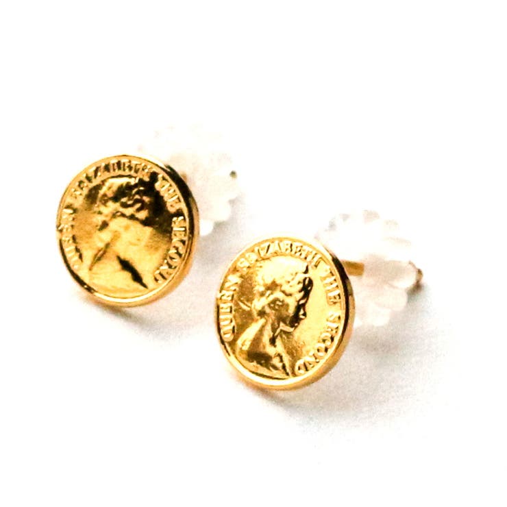 Melody Accessory ピアス 日本製 K18GP スタッド コイン メダル 硬貨 モチーフ 小さめ ゴールド プチ オフィス ブランド おしゃれ プ...