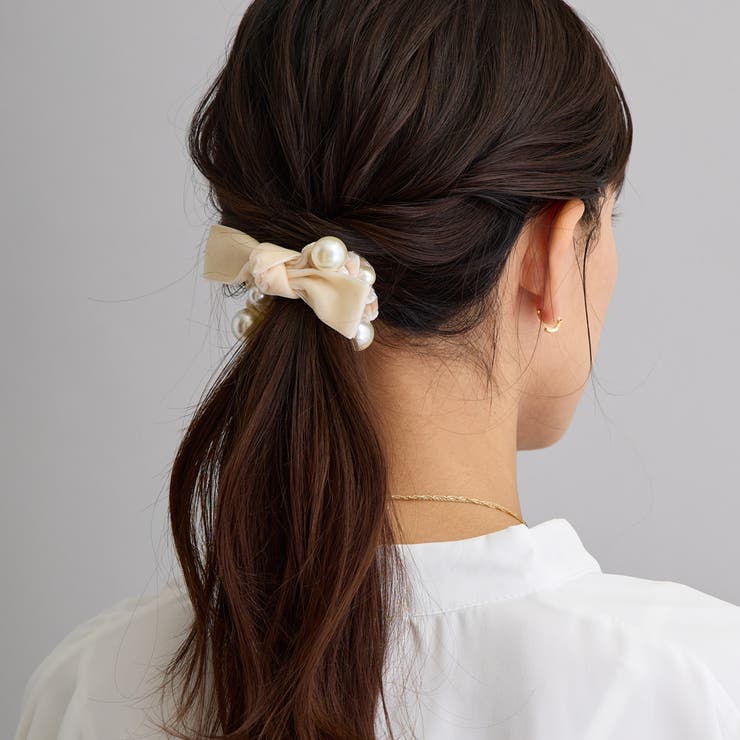 Melody　Accessory ベロア シュシュ リボン パール 黒 ヘアゴム 大人 ブランド 髪...