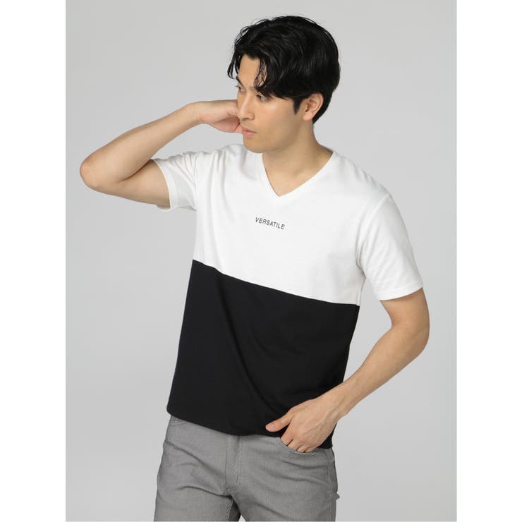 TAKA-Q MEN バイカラー切替 Vネック半袖Tシャツ トップス