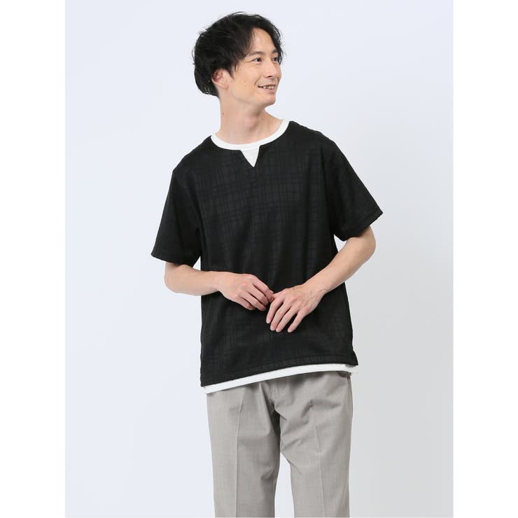 【10%OFFクーポン!11/27(木)1:59まで】TAKA-Q MEN ふくれジャガード フェイクキーネック半袖Tシャツ トップス