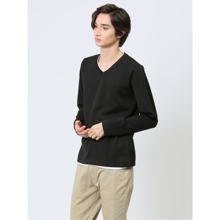 【10％OFFクーポン！2/10(火)1:59まで】TAKA-Q MEN ヘリンボンジャガード フェイクVネック長袖Tシャツ トップス