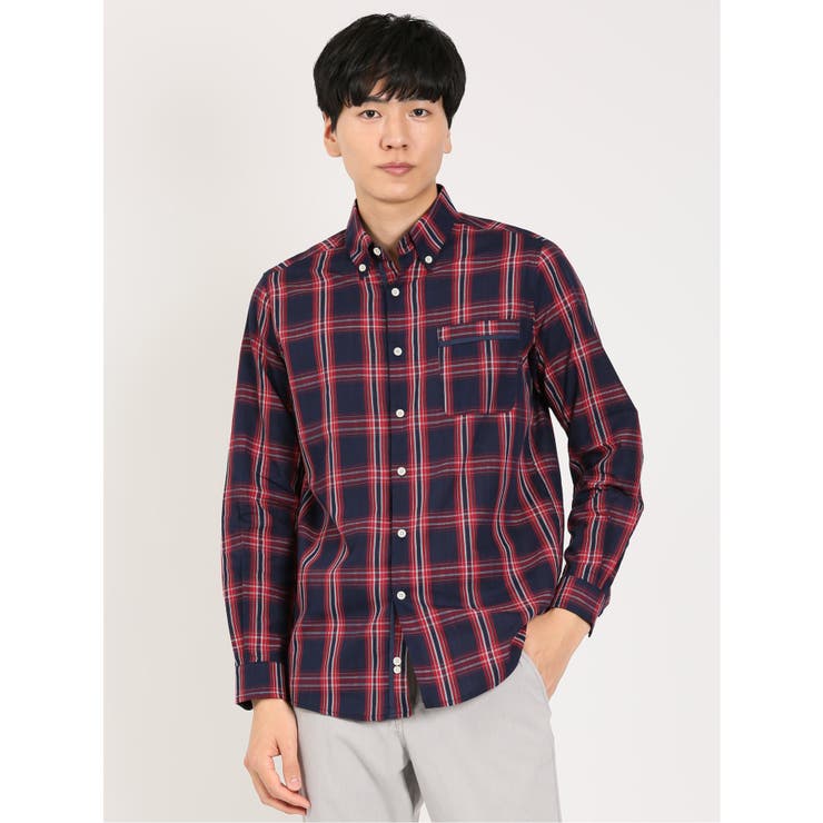【10％OFFクーポン！2/10(火)1:59まで】TAKA-Q MEN 綿オンブレチェック ボタンダウン長袖シャツ トップス