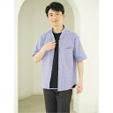TAKA-Q MEN ストレッチ ギンガムサッカー スタンドカラー半袖シャツ トップス