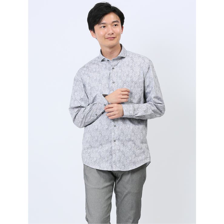 TAKA-Q MEN ストレッチ プリント カッタウェイ長袖シャツ トップス