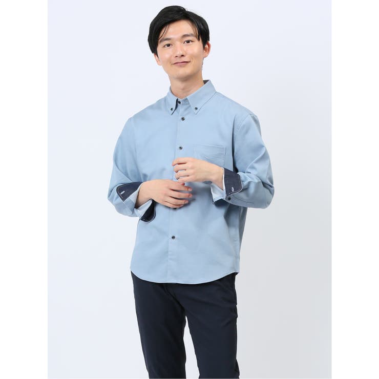 TAKA-Q MEN ストレッチ シャンブレー ボタンダウン長袖シャツ トップス