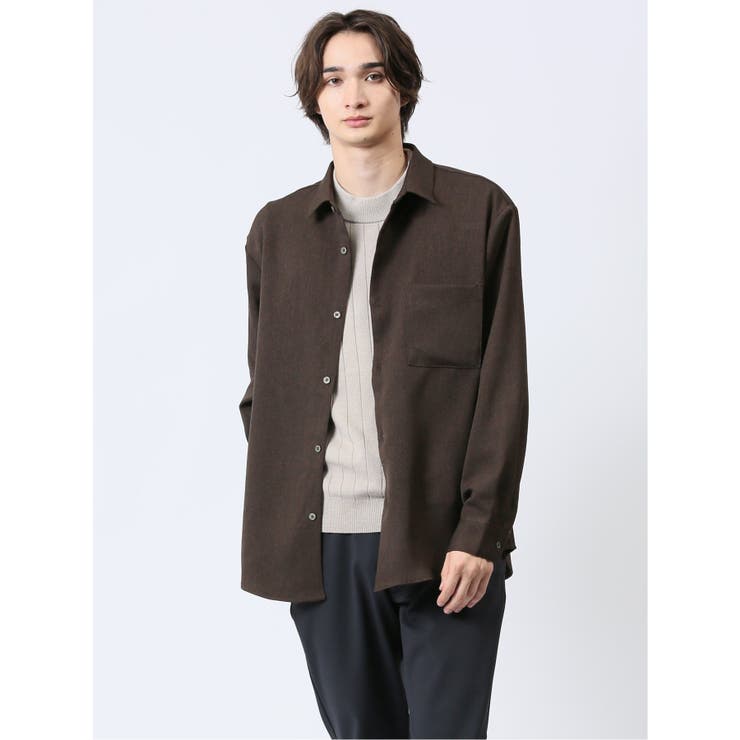 TAKA-Q MEN ウール調サキソニー カッタウェイ長袖シャツ トップス